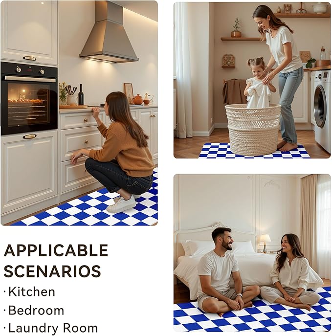 Stellar Blue Checkered Grid Checkerboard Kitchen Rug Sets [2 PCs], Anti-Fatigue, Waterproof Non-Slip Kitchen Mats Heavy Duty Comfort Foam Rug for Kitchen, Floor, Laundry,17"x29"+17"x47"