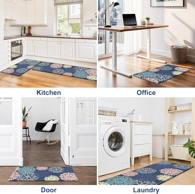 StepLively Kitchen Mats, 2 PCS Cushioned Anti-Fatigue Floral Pattern, Oeko-TEX Certified Washable Non-Slip Standing Mats for Kitchen, Office, Sink & Laundry (17.3"x30"+17.3"x59", Blue)