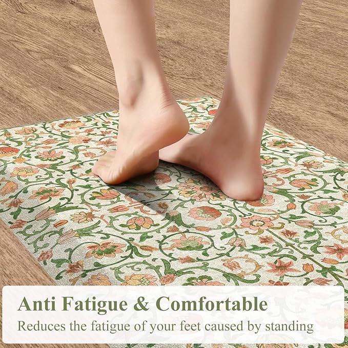 KIMODE Padded Kitchen Floor Mats Cushioned Anti Fatigue,Comfort Memory Foam Ergonomic Standing Carpet for Office Desk,Boho Vintage Sink Rug Non Slip for Laundry,Green/Orange 17.3"x28"