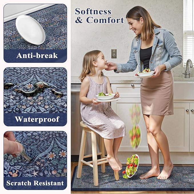 Collive Kitchen Mats for Floor 2PCS, Cushioned Anti Fatigue Rugs Non Slip Waterproof Kitchen Sink Mat, Dark Blue Floral Standing Mat for Bar, Office, Desk, Home Decor, 20" x 47" + 20" x 32"