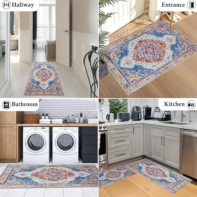 Boho Kitchen Mat Set of 2, Non Slip Blue Kitchen Rug for Floor,Vintage Farmhouse Outdoor Doormats Linen Runner Rug Washable Standing Mats for Entryway,Laundry,Office,Hallway 17”x30“+17'' x47''