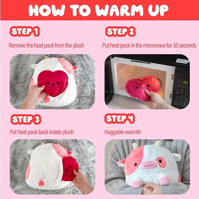 Heatable Strawberry Scented Cow Plush for Period Cramp Relief & Emotional Support, Microwavable Soft Toy Plushies, Coolable Stuffed Animal for Anxiety, Cute Heating Pad for Pain Relief