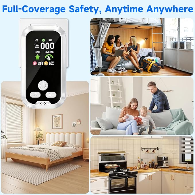 6-in-1 Carbon Monoxide Detector Combo with LCD Display, Detects CO, Natural Gas, Smoke, Temperature, Humidity for Home Hotel, Camping RV, Apartment Safety, White