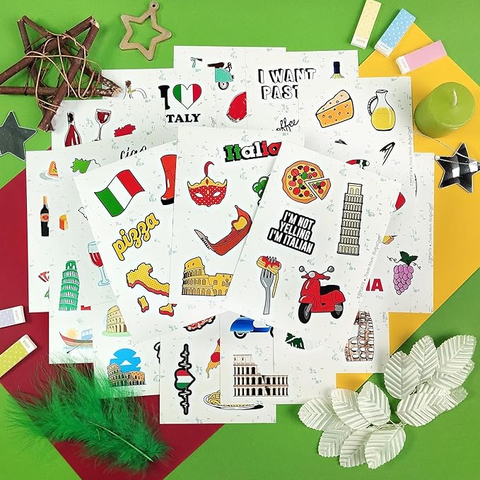BulbaCraft 100Pcs Italy Stickers for Scrapbooking, Italian Stickers, Rome Decals, Travel Decals for Journal, Scrapbook - Italy Decorations Party Theme, Gifts for Women & Men