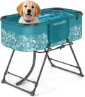 SereneLife Foldable Dog Bath Tub with Adjustable Height, 360° Access, Drain Hose & Storage Pockets – 130 lb Capacity Grooming Station for Indoor/Outdoor Use (Blue)