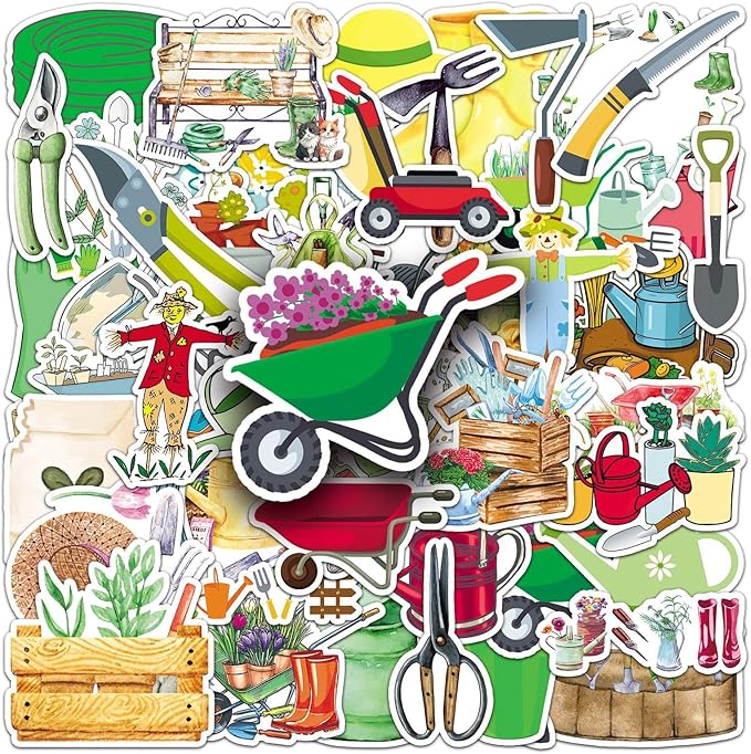 51pcs Garden Tools Stickers, Cartoon Shovel & Watering Can Pattern Decals, Waterproof & Durable for Gardening Journal, Flower Pot, Party Decoration