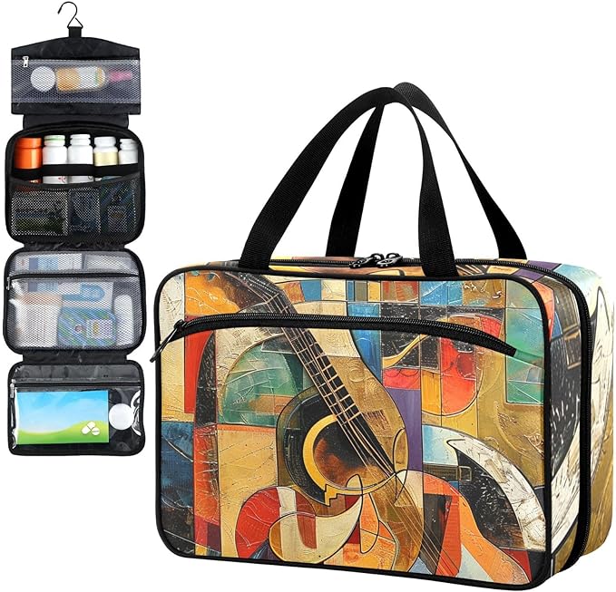 Fustylead Abstract Guitar Modern Art Pill Organizer Bag Large Medicine Travel Carrying Case with Zipper for Vitamin Supplements Fish Oil, Empty First Aid Kit for Hiking Camping
