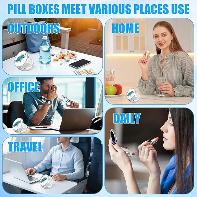 Pill Box, 3 Compartments Small Pill Case Travel Portable Metal Medicine Box with Mirror Mini Container for Purse Pocket Women Men（Watercolor Peacock）