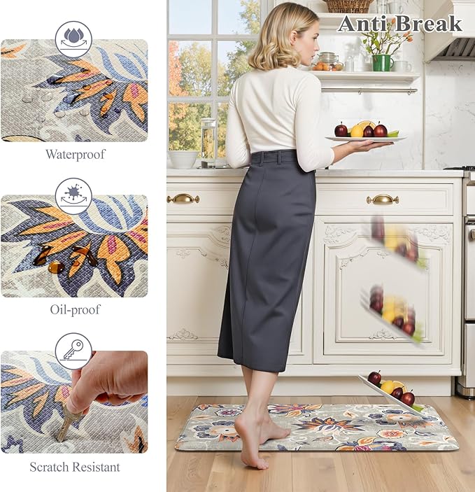 LEEVAN Anti Fatigue Mats for Kitchen Floor 2 Piece,Cushioned Memory Foam Blue Gray Kitchen Mats for Floor,Comfort Floral Boho Non Slip Kitchen Floor Mat for Sink,Laundry(17.3''x29''+17.3''x59'')
