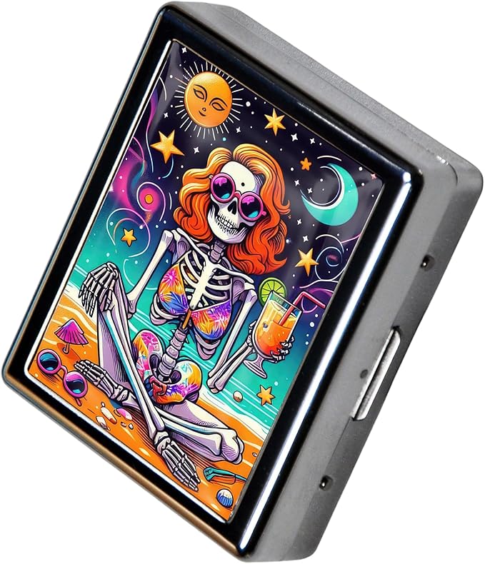 8-Compartment Pill Box Organizer Portable and Stylish Medicine Case, Versatile Storage for Medication - Ideal Travel Accessory & Unique Gift Idea (Beachside Skeleton Chill)