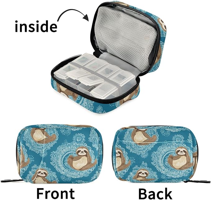 Fustylead Cute Sloths on The Round Ornaments of Mandalas Travel Pill Organizer Case Zipper for Purse with Removable Weekly Pill Box for Medicine, Vitamin, Supplement Medicine Organizer