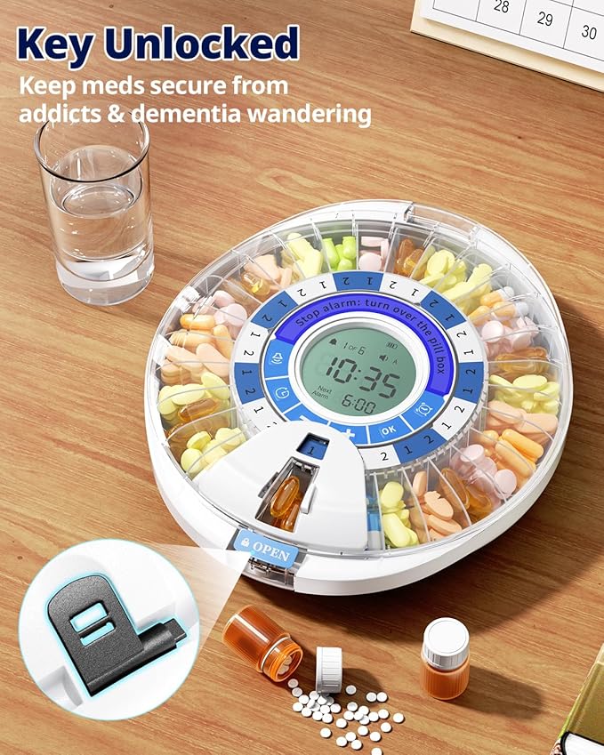 Betife 2nd Gen Automatic Pill Dispenser for Elderly with Alarm – 28 Slots, Key Locked, Alarm & Light Reminder, Mix-Proof, XL Display, 6 Dosage Rings，Easy Setup for Daily Medication