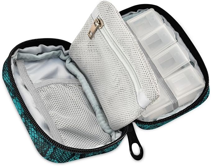 Pill Box Python Snake Print 7 Day Pill Case Travel Pill Organizer Bag with Zipper Portable Weekly Vitamin Medicine Supplement Holder Pouch Bag