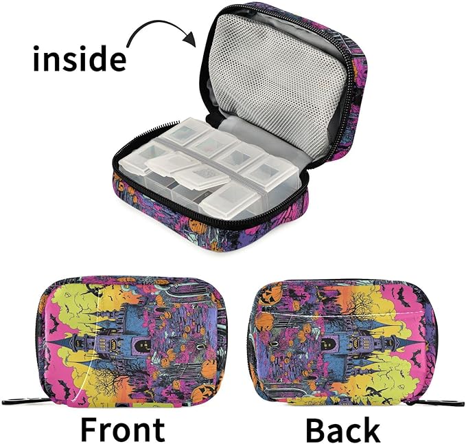 Halloween Castle Bats Pumpkins Pink Travel Pill Organizer Case Box Container Weekly Portable Vitamin Medicine Holder Storage Bag with Zipper Removable