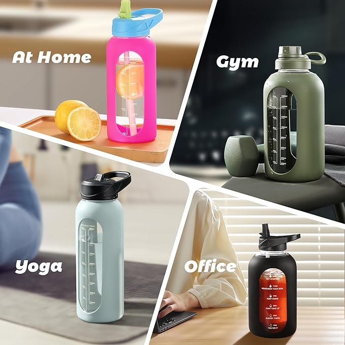 CIVAGO 24 oz Glass Water Bottle with Straw and Handle, Large Sports Motivational Water Bottle Flask with Time Marker and 2 Lids, Leakproof Jug Canteen with Silicone Sleeve for Gym, Navy Blue