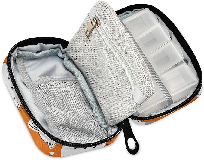 Checkered Orange Kittens Hearts Travel Pill Organizer Case Box Container Weekly Portable Vitamin Medicine Holder Storage Bag with Zipper Removable