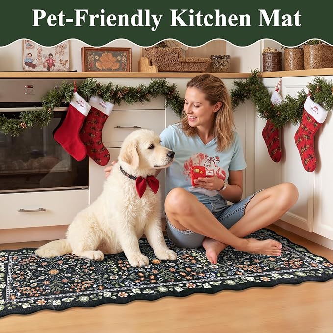 Yamaziot Anti Fatigue Kitchen Rugs Set of 3 - Boho Non Slip Waterproof Kitchen Mats for Floor, Boho Runner Rug for Kitchen Floor, Laundry, Desk, Bar, Office, 17.3"x29"+17.3"x35"+17.3"x47", Black