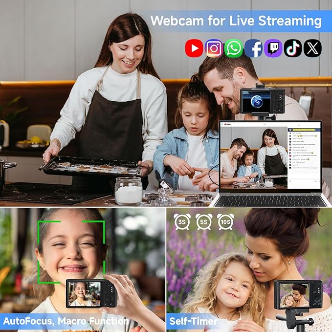 Digital Camera 4K, 2026 Upgrade Black Cameras for Teens, Autofocus Digital Point and Shoot Camera for Kids with 16X Zoom, 64GB SD Card, Compact Small Camera for Boys Girls Teens Kids Gift