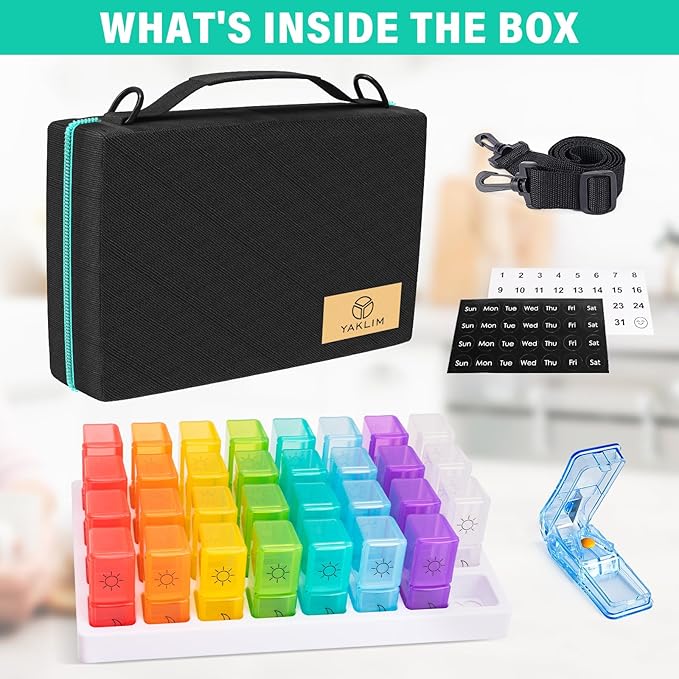 Monthly Pill Organizer 2 Times a Day, 31 Day Pill Box AM PM with Pill Cutter & Travel Bag, Portable Soft One Month Pill Box Cases with Weekly Stickers, Convenient Medication & Vitamins Tracking