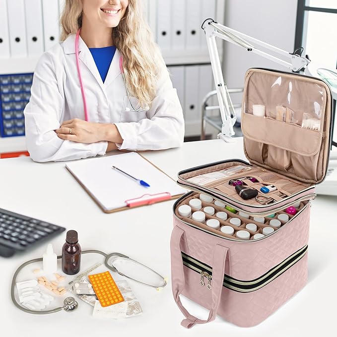 Yarwo Pill Bottle Organizer Storage Bag, 3 Layers Medicine Travel Case Empty with Demountable Design and Dividers for Pills, Potions, Vitamins and Emergency First Aid Supplies, Dusty Rose (PATENTED)