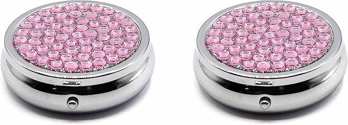 Set of 2 Circular Triple-Compartment Pocket Purse Pill Box & Organizer with Insert (Rose Gemstones)
