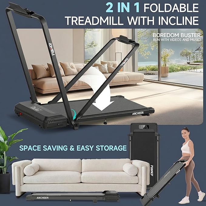 FUNMILY Upgrade Walking Pad Folding Treadmill with 12%/15% & Handle Bar, 3.5HP Foldable Under Desk Compact Treadmills for Home/Office/Gym, 400+lb Capacity, Shock Absorption