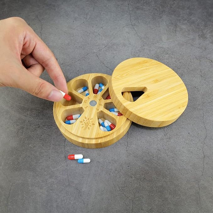 Bamboo Wood Weekly Pill Organizer for Medicine Vitamin Supplement, Arthritis Friendly 7-Day Pill Box Medium Container Holder, Daily Portable Travel Pill Case Keeper Dispenser