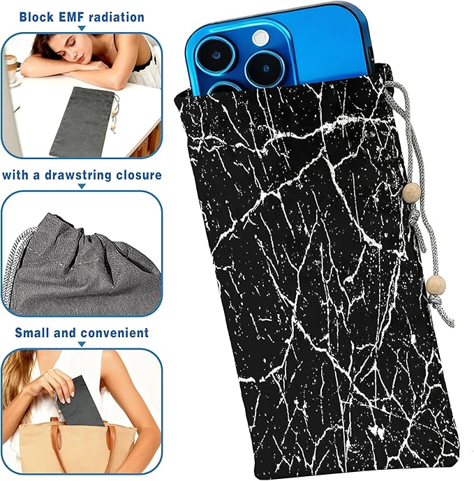EMF Shield Sleeve for Cell Phone Reduce Signal Anti-EMP Pouch Against Radiation, EMF, 5G, RFID Blocking 4x8 Inch Marble-Black Phone Sleeve Bags