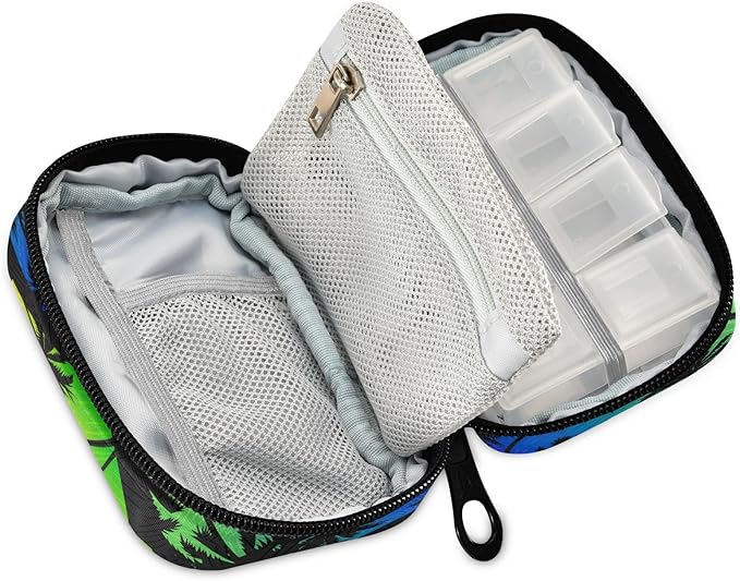 Pill Box Colorful Geometry Palm Trees 7 Day Pill Case Travel Pill Organizer Bag with Zipper Portable Weekly Vitamin Medicine Supplement Holder Pouch Bag