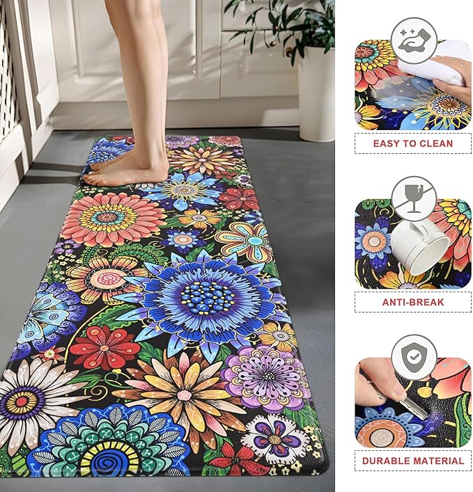 Likiyol Boho Kitchen Rugs, Boho Floral Anti Fatigue Kitchen Mat for Floor, Bohemian Flowers Non Slip Washable Kitchen Floor Mats, Comfort Standing Mat, 18'' x 30''