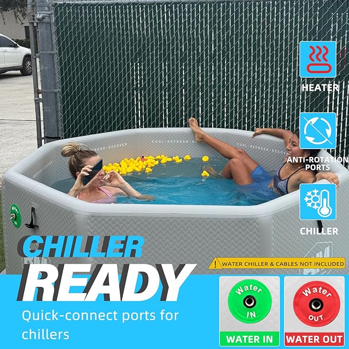 Inflatable Octagonal Ice Bath Tub for Groups, Party Cold Plunge Tub with Insulated Lid, Water Chiller Compatibility, EVA Groundsheet, Backpack, 660 Gallon, 78.74" L x 78.74" W x 27.56" H
