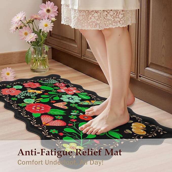 Scalloped Black Kitchen Mats for Floor 2PC Cushioned Anti Fatigue Kitchen Mats Rugs Waterproof Non Slip Farmhouse Boho Floral Comfort Foam Standing Mat for Sink Laundry