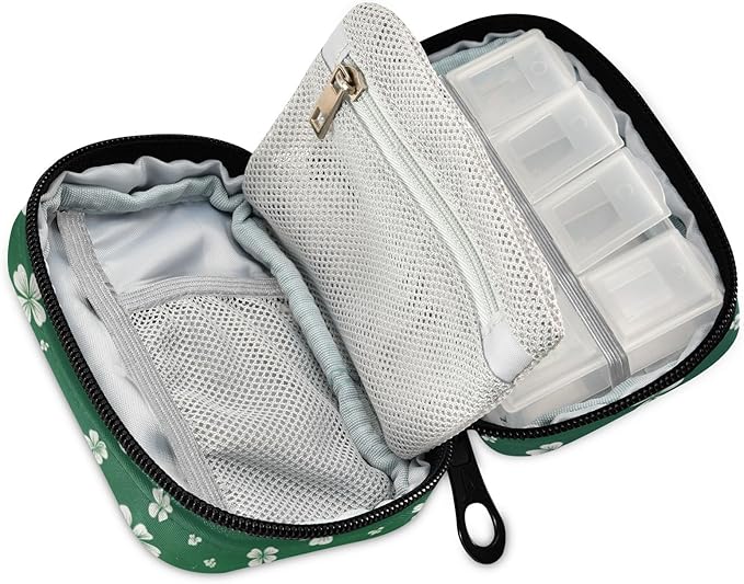 St. Patrick's Day Clovers Flag Green Travel Pill Organizer Case Box Container Weekly Portable Vitamin Medicine Holder Storage Bag with Zipper Removable
