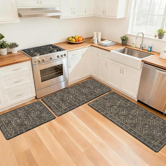 Pauwer Anti Fatigue Kitchen Floor Mats Set of 3, PVC Foam Padded Kitchen Rugs, Non Slip Cushioned Comfort Standing Mat, Waterproof Sink Rug for Small Kitchen Area, Laundry Room, Taupe