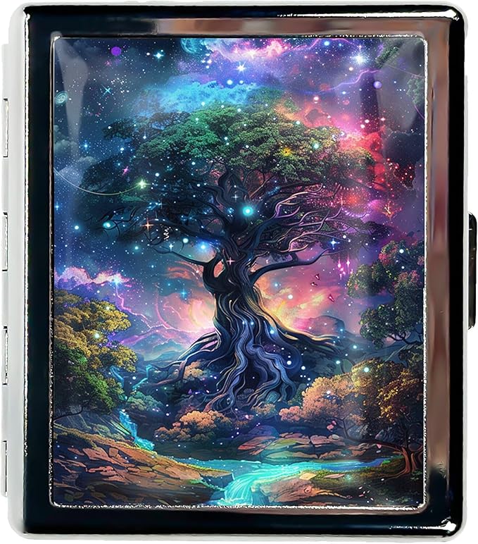 Cute Travel Pill Box Organizer with 8 Compartments - Compact and Fashionable Pill Case with Mirror - Ideal for Medications (Cosmic Tree)