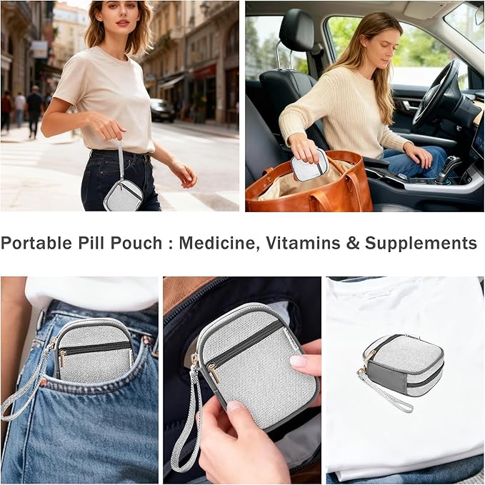 Weekly Travel Pill Organizer Pill Case for Purse with Removable 7 Day Pill Box Holder,Cute Medication Organizer Pill Container for Medicine, Vitamin, Fish Oils,Supplement (Dark Grey, Small)