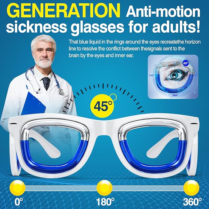 Hion 2 Pairs Adult Anti- Motion Sickness Smart Glasses, Ultra-Light Portable Nausea Relief Liquid Glasses, Carsickness Airsickness Seasickness Glasses, Kids Travel/Cruise Essentials（White+Pink