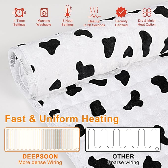 Deepsoon Heating Pad,Electric Heating Pads for Back,Neck,Abdomen,Moist Heating Pad for Shoulder,Knee,Arms,Legs,Dry/Moist Heat & Auto Shut Off,Christmas Gifts for Men and Women,White Black,24x12 Inch