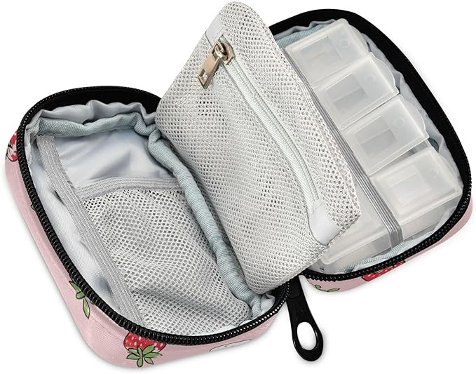 Pink White Strawberries Travel Pill Organizer Case Box Container Weekly Portable Vitamin Medicine Holder Storage Bag with Zipper Removable