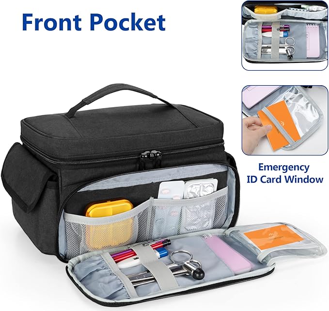 CURMIO Medicine Storage Bag Empty, Lockable Pill Bottle Organizer with Portable Zippered Pouches for First Aid Kits, Medicine Box for Home and Travel, Black (Patent Pending)