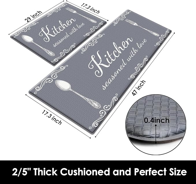 Arttown Grey Farmhouse Anti-Fatigue Kitchen Rug Set of 2 Knife Fork Rustic Vintage Cushioned Floor Standing Mat Waterproof Non-Slip Kitchen Mat and PVC Ergonomic Comfort Foam Rug