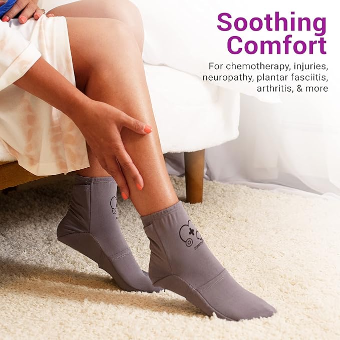 Zomaple Cold Therapy Socks + Gel Packs, Grey, Large – Soothe Burning Feet & Reduce Swelling – Hot/Cold Use, Touch Fasteners & Comes with 2 Large & 2 Small Gel Packs – Versatile Foot Ice Pack Wrap