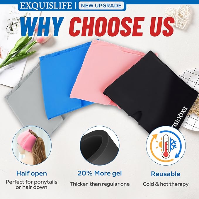 EXQUISLIFE Migraine Ice Head Wrap Cap Headache Relief Hat Hot and Cold Therapy Eyes Mask for Sinus Tension and Stress Relief (Pink)