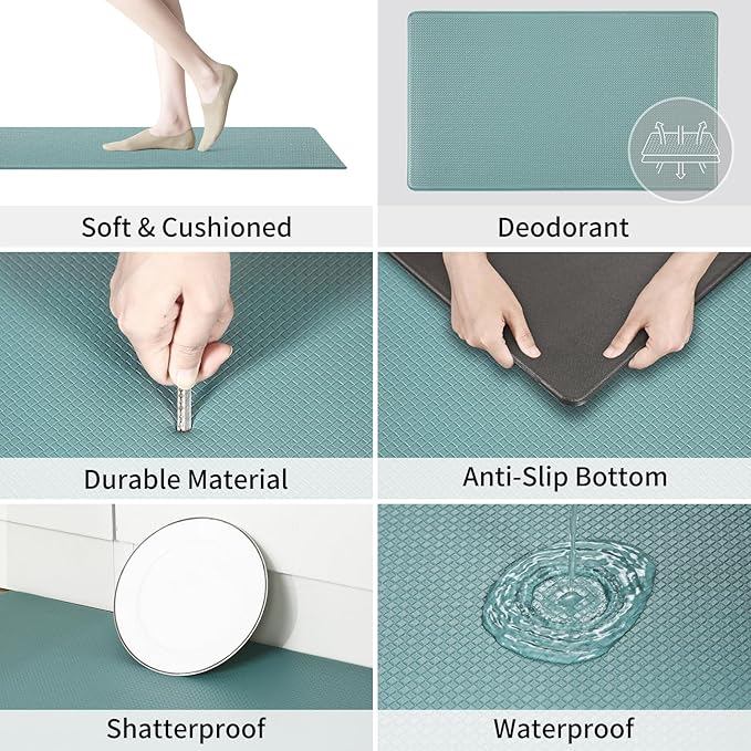 AUTODECO Kitchen Mats and Rugs Set of 2 - Cushioned Anti-Fatigue Kitchen Rug for Floor Washable 17"x29" +17"x59", Turquoise