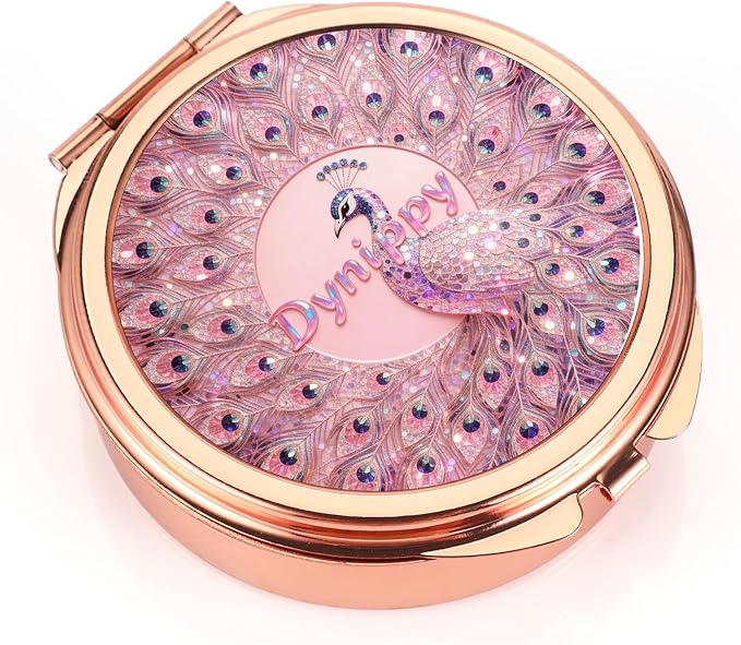 Dynippy Pill Case Pill Box with Mirror Pocket 3 Compartment Medicine Case Vitamin Pill Organizer for Pocket Purse and Travel (Round, Rose Gold-Peacock)