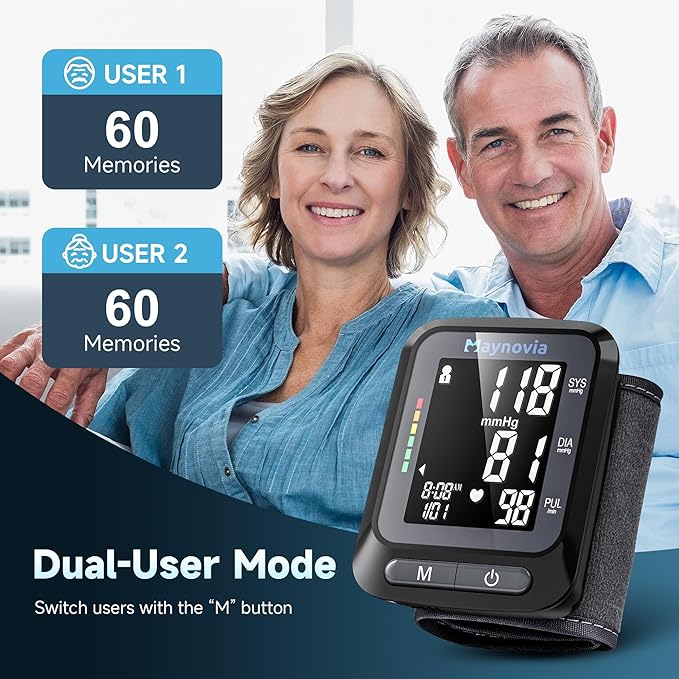 Wrist Blood Pressure Monitor, Blood Pressure Cuff Wrist for Home Use, Automatic Digital BP Monitor with Large Backlit Display, 2 User 120 Memory, Adjustable 5.3"-8.5" Cuff