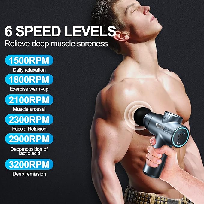 Small Massage Gun Handheld Deep Tissue Massager Gun for Pain Relief- 6 Speeds, 4 Heads, Ideal Gift for Men & Women (Blue)