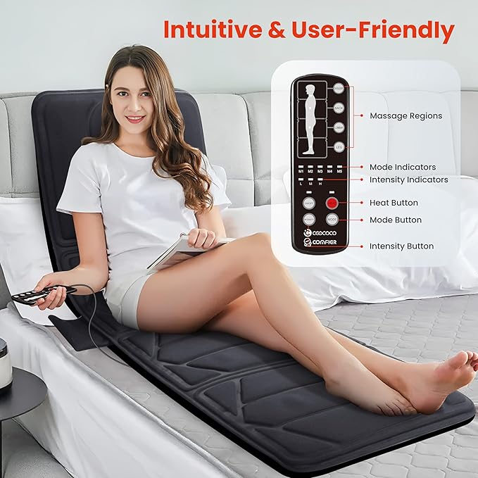 CooCoCo Massage Mat with Heat, Massage Pad with 10 Vibration Motors, Full Body Massager for Neck and Back, Bed Massager for Shoulders, Lumbar, Leg, Gifts for Mom Dad, Birthday Gifts for Men Women