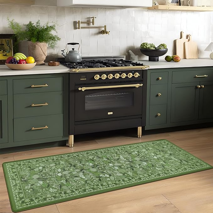 Kitchen Rug Green Botanical Floral Anti-Fatigue Kitchen Mat, Waterproof Non Slip Comfort Standing Mat Rug for Home, Sink, Laundry 17.3"x59"