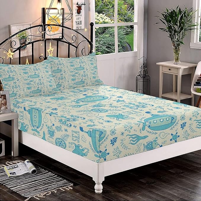 XISUNYA Decorative Bedding Sheet Set Twin Size, Aqua Deep Pockets Fitted Sheet & 2 Pillowcases Set(No Flat Sheet), Sea Adventure Underwater Fauna Submarine Coral Print Microfiber 3pc Bed Sheets Set
